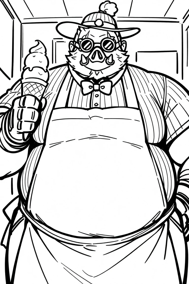 Front view, Roadhog, Overwatch, 2d, A-pose, large, fat, obese, ice-cream man, button-up shirt, white striped apron, bow tie, matching ice-cream vendor hat, giant ice cream scoop, clean sketch, line art, monochrome background