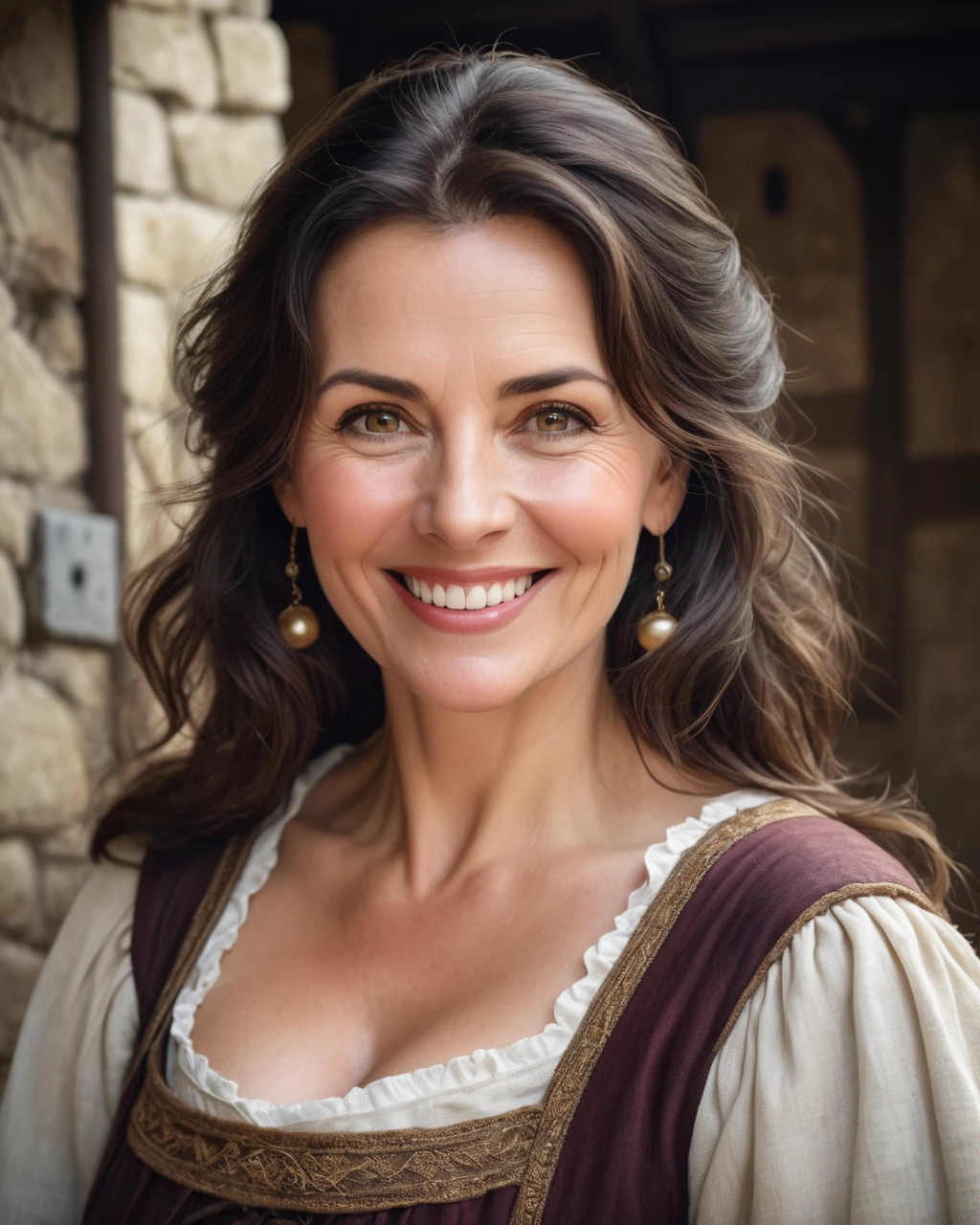 a portrait photograph of a pretty mid-age female, beautiful realistic photo, Look at 4K highly detailed art,  smiles,  blush,  Big Breasts , look up, medieval European rural woman with dark hair,  medium hair, Food,  poor attire