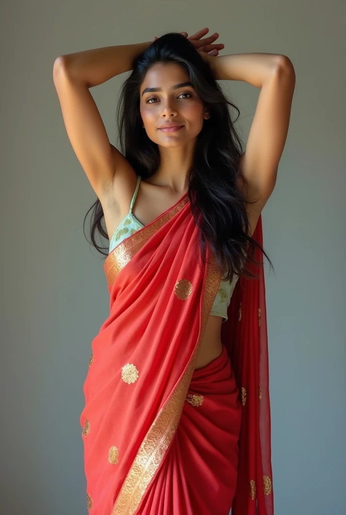 Hot girl wearing satin saree with sleevless blouse raising her hands up 
