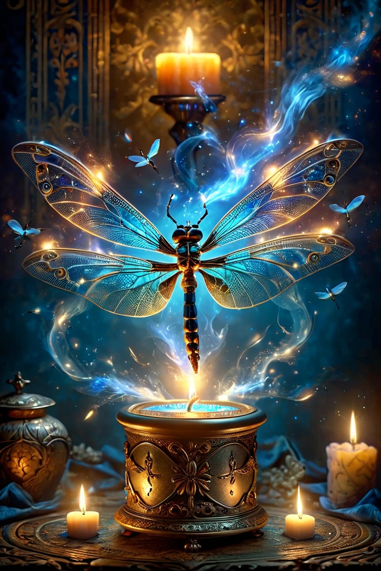 Made by AIS-RCN, 8k photo, "words, Like a dragonfly with wings of blue flame, Popping out of an antique candle, Turn thoughts into delicate works of art.", Supple, Side light, Dragonflies have two wings, one on each side、Fantastic colorful background