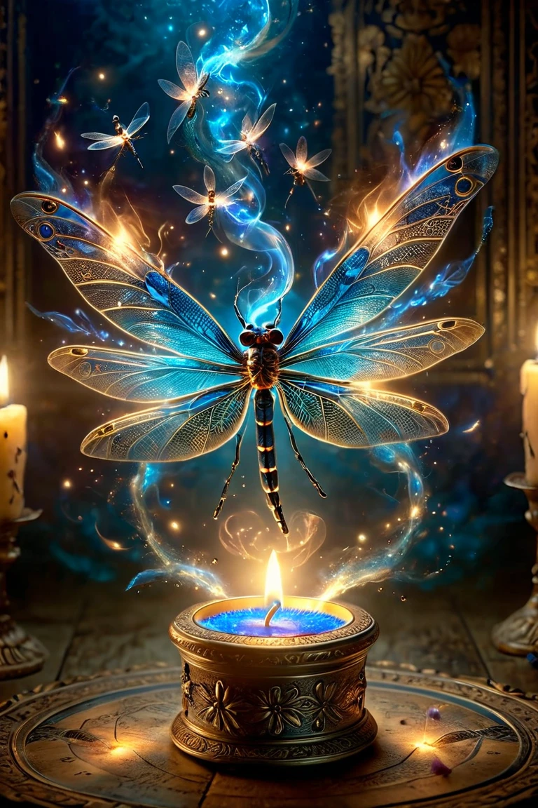 Made by AIS-RCN, 8k photo, "words, Like a dragonfly with wings of blue flame, Popping out of an antique candle, Turn thoughts into delicate works of art.", Supple, Side light, Dragonflies have two wings, one on each side、Fantastic colorful background