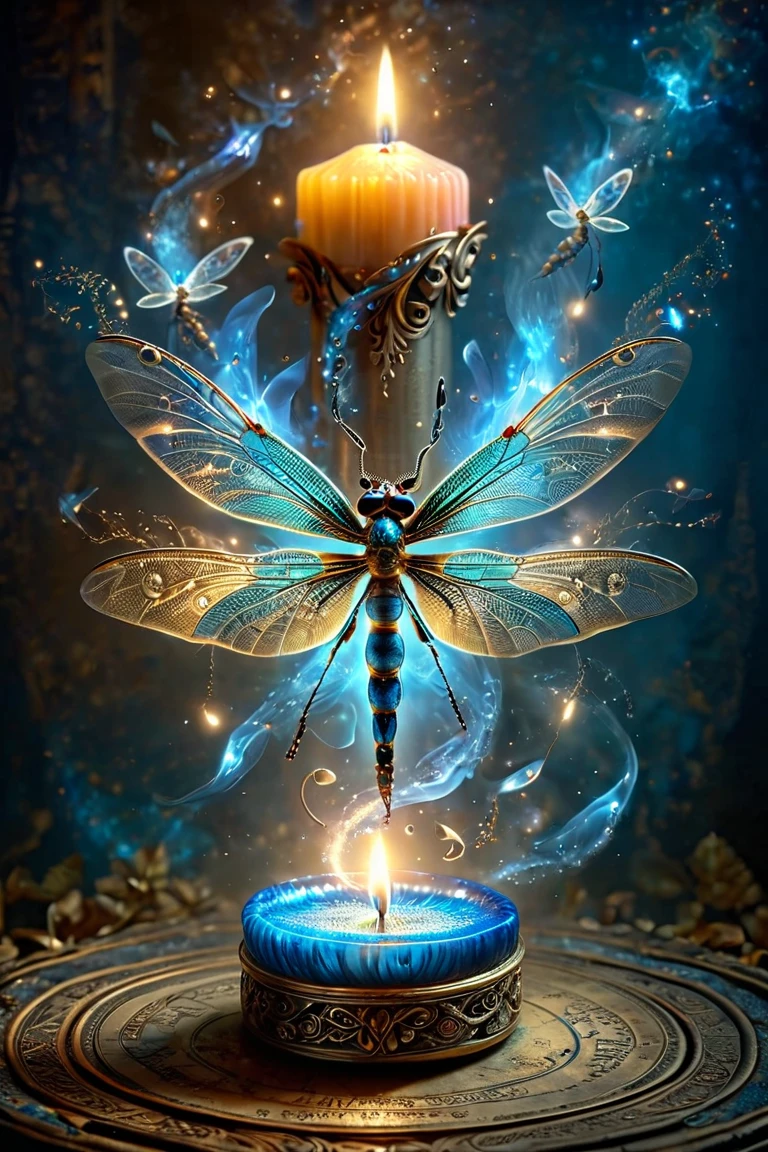 Made by AIS-RCN, 8k photo, "words, Like a dragonfly with wings of blue flame, Popping out of an antique candle, Turn thoughts into delicate works of art.", Supple, Side light, Dragonflies have two wings, one on each side、Fantastic colorful background