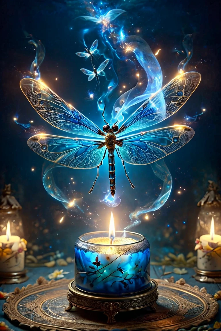 Made by AIS-RCN, 8k photo, "words, Like a dragonfly with wings of blue flame, Popping out of an antique candle, Turn thoughts into delicate works of art.", Supple, Side light, Dragonflies have two wings, one on each side、Fantastic colorful background