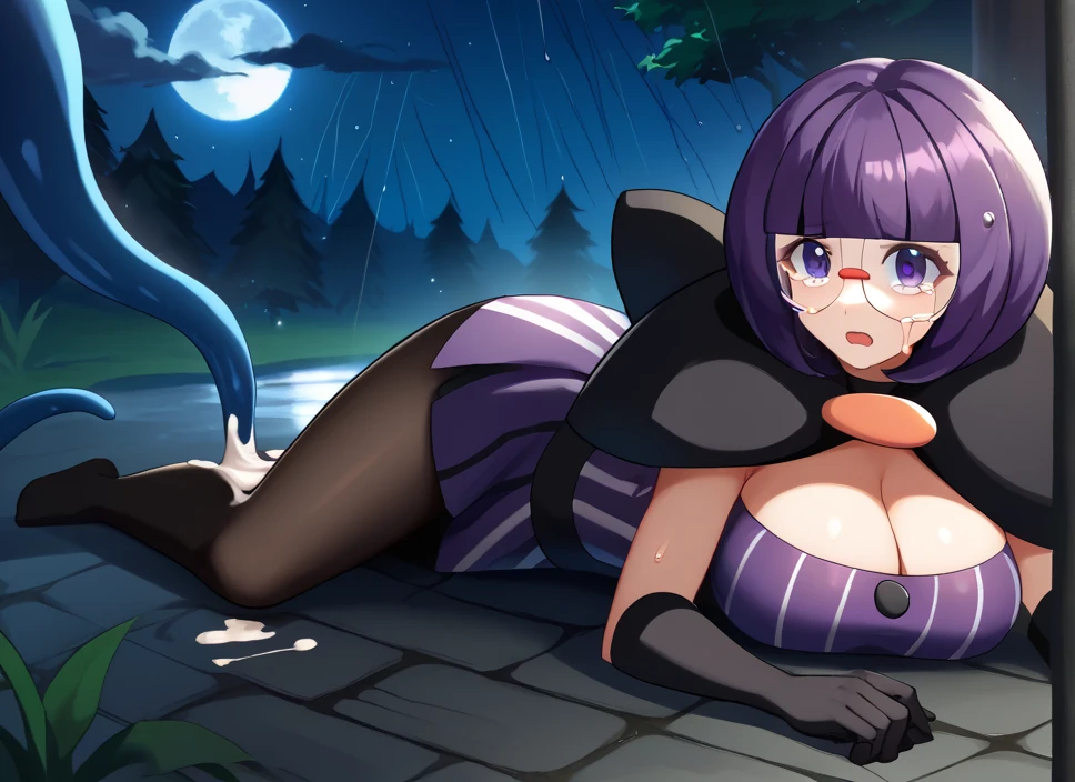 score_9, score_8_up, score_7_up, score_6_up, source_anime, 1girl, solo,  shauntal, purple hair, blunt bangs, bob cut, purple eyes, round glasses, black capelet, large bow, purple shirt, collarbone, cleavage, buttons, purple skirt, long sleeves, black gloves, elbow gloves, black pantyhose, huge breasts, night sky, night, forest, eyelashes, bare shoulders, sleeveless, elbow gloves, dress, striped dress, halterneck, choker, hair ornament,

  perfect lighting, best quality, masterpiece, light rays, professional photograph, perfect quality, gorgeous lighting,  masterpiece, concerned, tears, thicc, open mouth, bare shoulders, perky breasts, skin, high quality, Thicc, outside, raining, cleavage, looking at viewer, forest, night, crying, tentacles, defeated, crying, tears, torn clothes, ripped clothing, no strap, belly button, puddle, tentacle grap writs, slimy, wet clothes, full moon, held down, penetration, forced, penetrate, white water, broken breastplate, laying down, back on ground, on back, clouds, strapless dress, cum, white puddle, white water, 