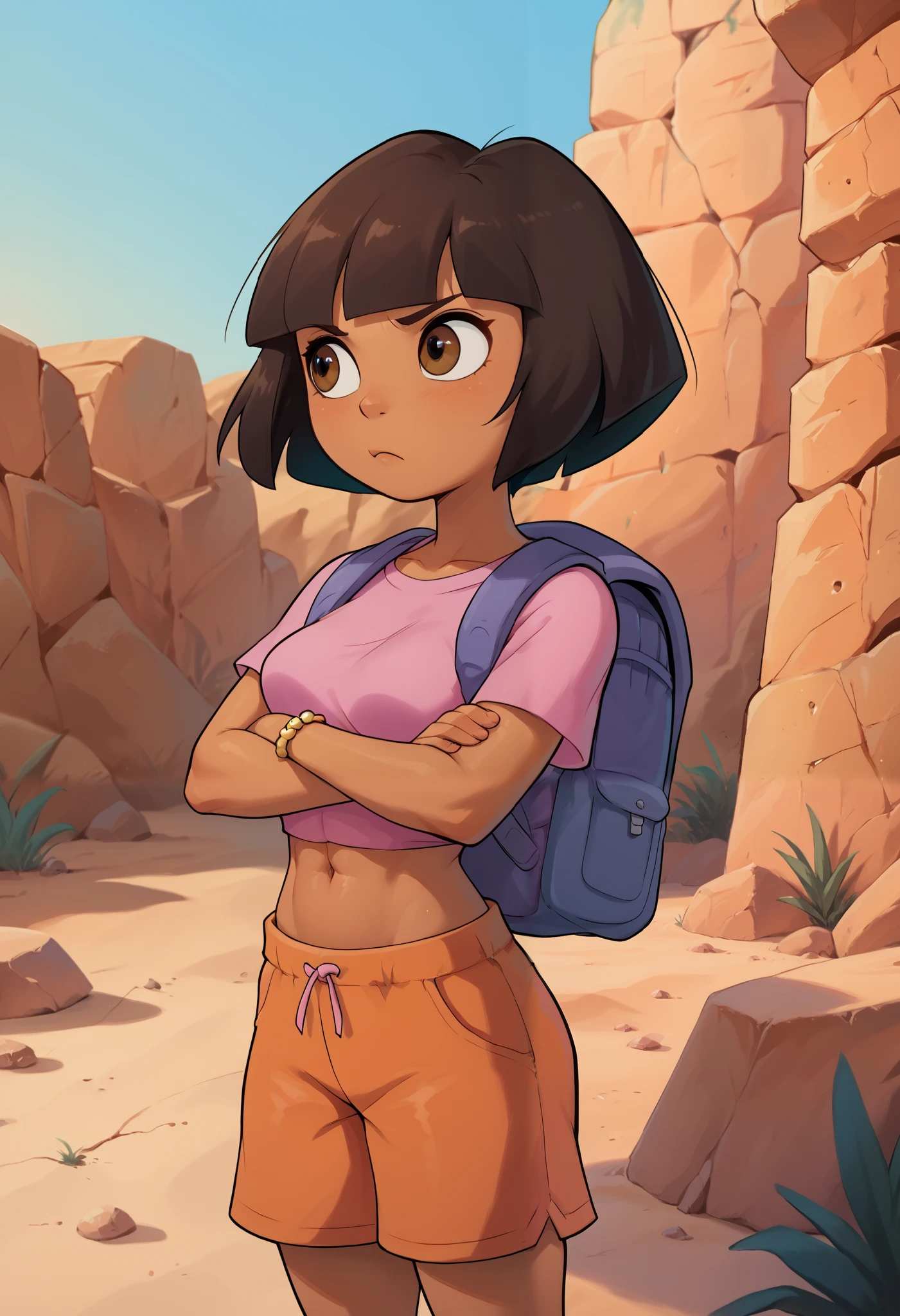solo, From the front, symmetrical composition, cute, arms crossed, pouting, looking away, medium breasts, Dora, brown eyes, desert ruins, dark-skinned female, bob cut, (pink shirt), crop top, bare midriff, loose shirt, (orange shorts), bracelet, backpack, (slender athletic body),