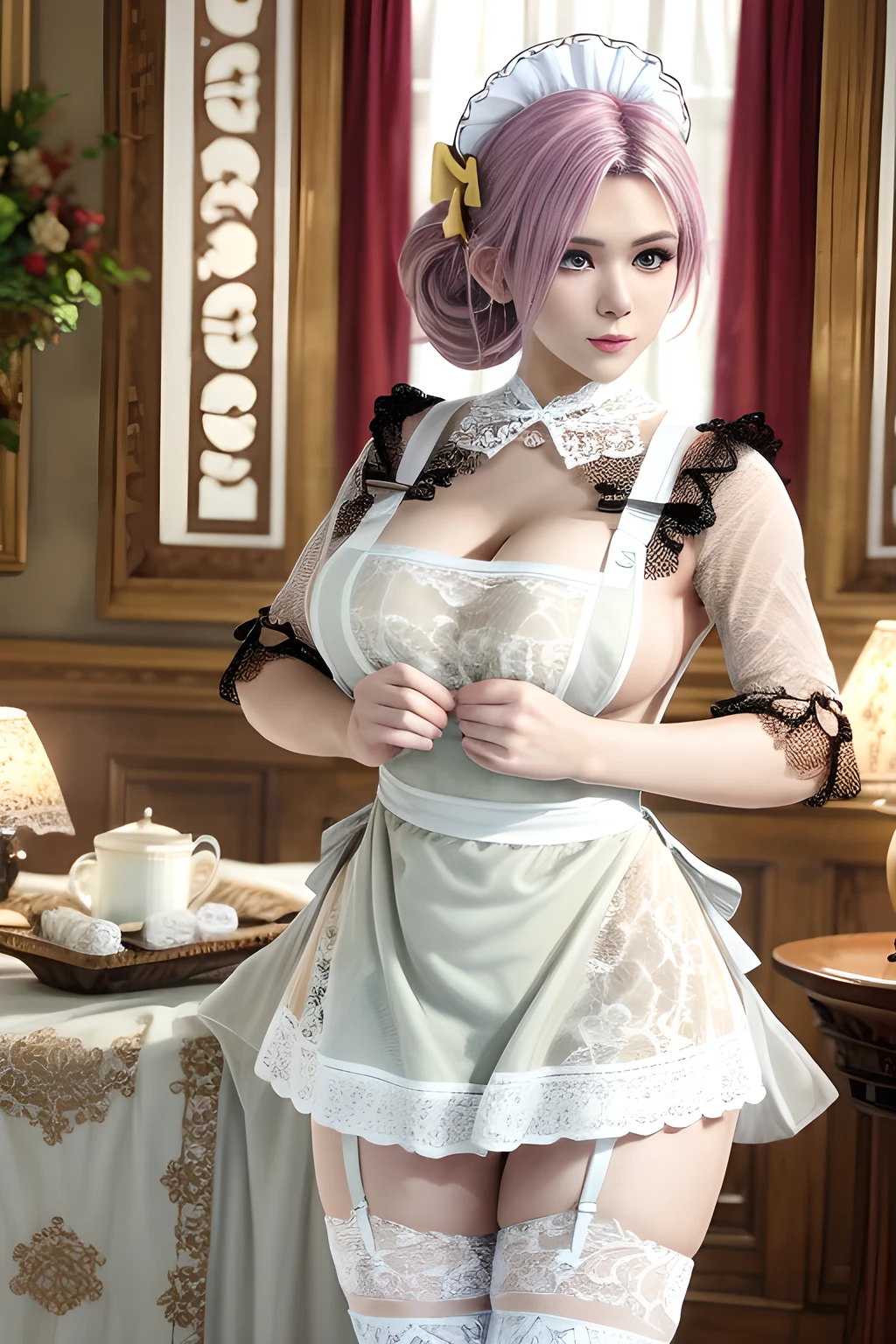 1girl, wearing (nude apron: 1.5), (white lace apron: 1.5) with intricate floral details and a bow at the waist. She accessorizes with white lace stockings. The room is softly decorated with white sheets and a lamp on the bedside table. Her expression is calm and elegant, and the atmosphere exudes warmth and sophistication,  ,huge breasts(masterpiece:1.4),( best quality:1.4), professional,vivid colors,