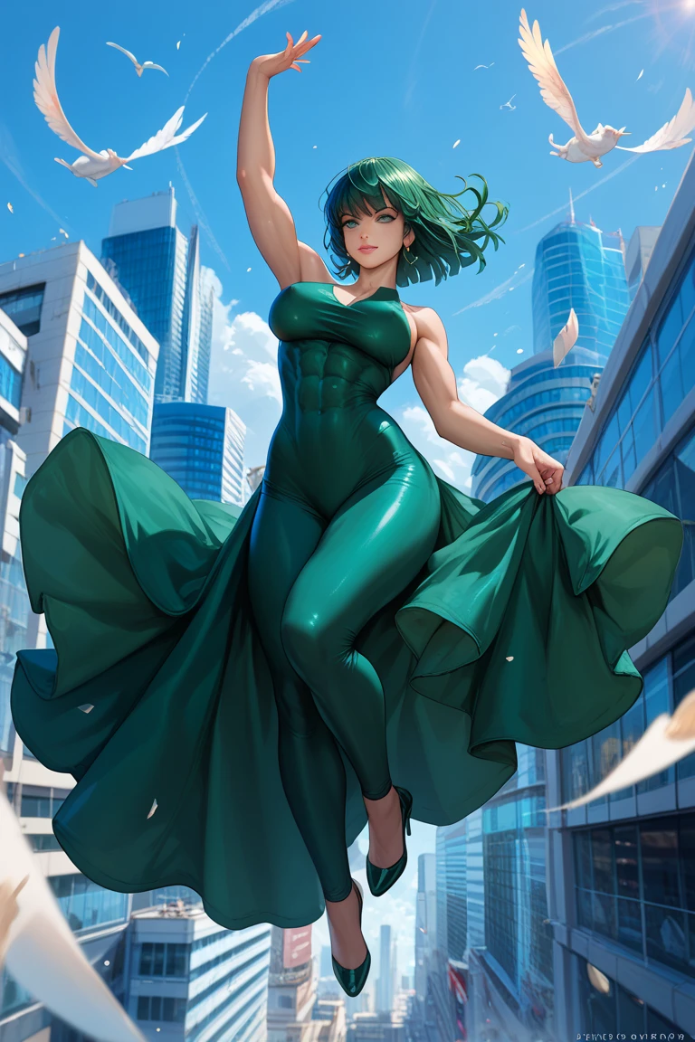 Fubuki flying above the city,tight green dresses,sexy,huge tits,detailled abs,full body shot,