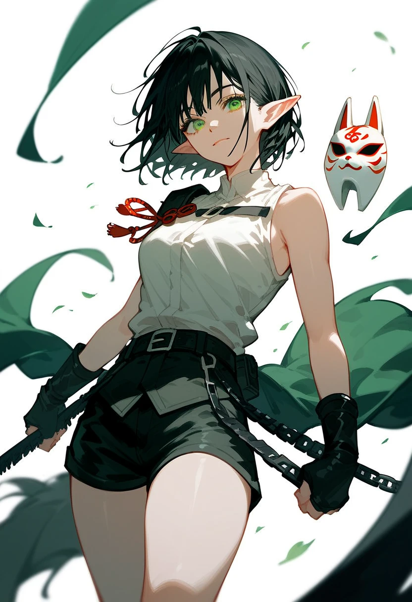 alone,Elf Girl,Wearing a fox mask,Black hair,Pointed ears, chainsaw art, White Sleeveless Top, Shorts,Multiple Belts ,Short hair, in green eyes ,