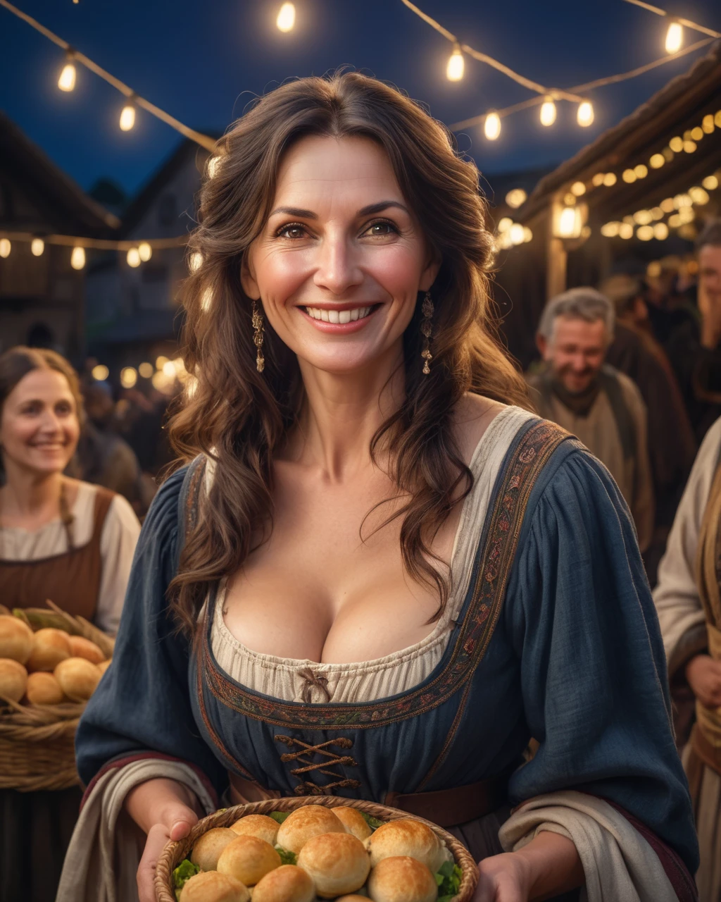 a portrait photograph of a pretty mid-age female, beautiful realistic photo, Look at 4K highly detailed art,  smiles,  blush,  Big Breasts , look up, medieval European rural woman with dark hair,  medium hair, Food, Festival Night、Poor peasant clothing