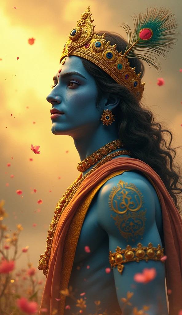 1 lord krishna, eating sweets, intricate detailed hindu deity, beautiful ornate jewelry, elaborate headdress, sitting in lotus position, radiant glowing skin, warm lighting, vibrant colors, 8k, hyper detailed, award winning digital art, cinematic lighting, dramatic composition, rich color palette, photorealistic, masterpiece
