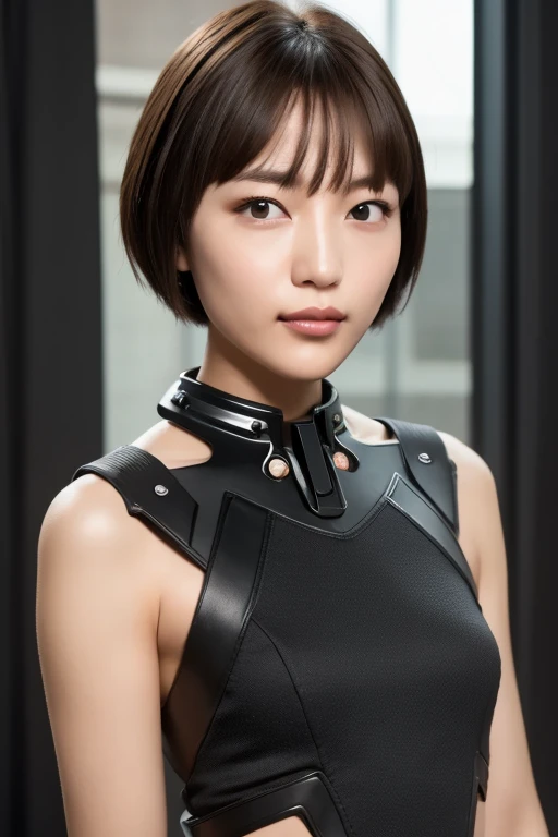 Highest resolution, semi-realistic, realistic detail, woman, petite, black hair, short bob haircut, bangs, black eyes, wearing official clothes, uniform, outerwear, white coat, dress. red inside,serious expression,serious,air force,war,government,war,science fiction,space