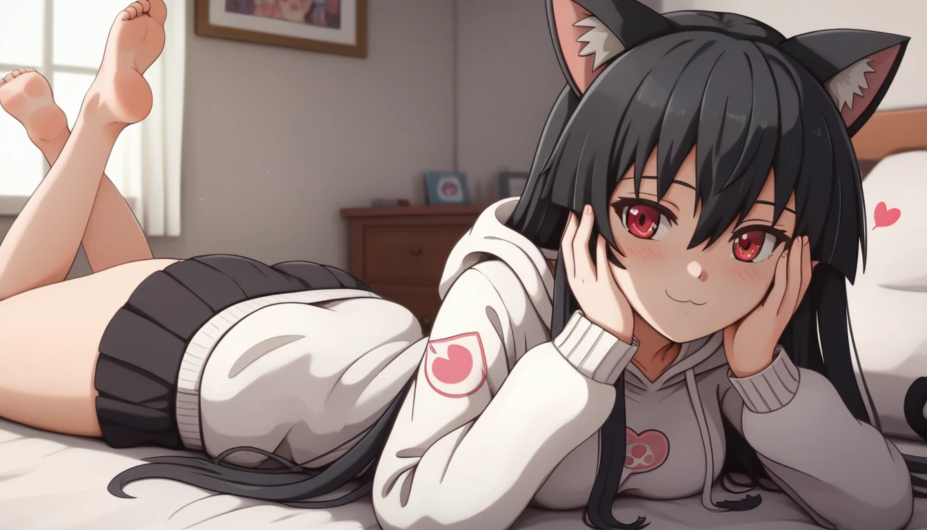 master piece ,best quality,prone bone,on stomach, on the bed,hands on face,((wearing white hoodie)), ((cat ears)), ((heart sign)), ((ultra-definition, high resolution)), anime girl, ((ultra-detailed illust:1.2)),1girl, solo,akame, long hair, black hair, red eyes, hair between eyes, Medium breasts, thighs,Naughty smile, in the bedroom