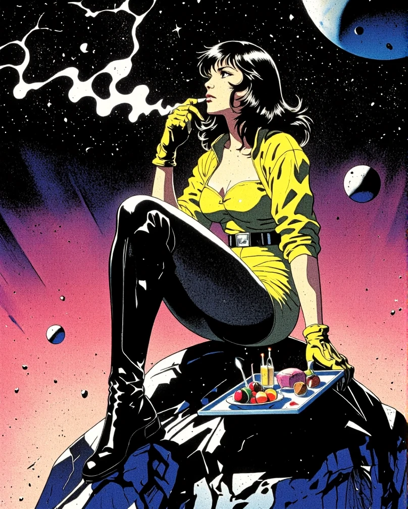 high quality, Ultra-complex details HRD, Glowing 1girl anime, they are improving j-rock , Fantasy magic anime, retro j-rock 80's, heavy、Thick legs and muscular body , Amazing sexy girl, Ultra Detailed, Detailed background, J rock tribe, Retro Vespa motorcycle ,