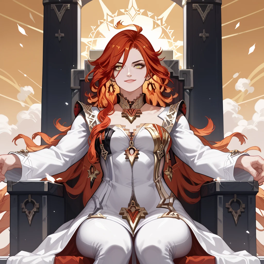 heera, Woman 1, Detail,  long hair,  red hair,  wavy hair , breasts, breasts grandes, muscular, Russian facial features,  Abdominals ,  yellow eyes , perspective, imposing look,  calm look 'simple background ,  a white hooded gown Greek style, thin chin, sitting on a Heavenly throne , smile 