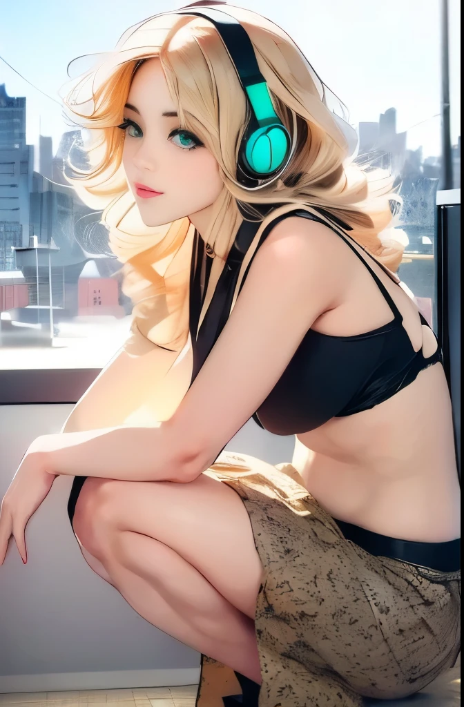 Create an image of a beautiful, erotic anime girl with long blonde hair, and happy eyes, showing her stomach, relaxing in a cozy lounge. She is wearing a cutoff shirt and shorts, with headphones on, enjoying her music while sitting in her gaming chair. The lounge has warm, dim lighting, and personal items scattered around, creating a sense of intimacy and relaxation