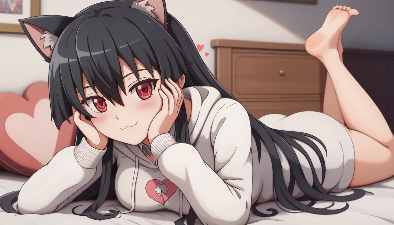 master piece ,best quality,prone bone,on stomach, on the bed,hands on face,((wearing white hoodie)), ((cat ears)), ((heart sign)), ((ultra-definition, high resolution)), anime girl, ((ultra-detailed illust:1.2)),1girl, solo,akame, long hair, black hair, red eyes, hair between eyes, Medium breasts, thighs,Naughty smile, in the bedroom