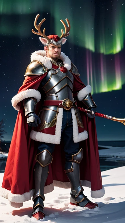 A vertical fantasy artwork featuring three unique warriors standing heroically in the snow, their intricate armor and weapons emphasized against the dark, starry sky illuminated by the aurora borealis. Each warrior's design exudes holiday-themed details while showcasing their individual characteristics:

1. Santa Warrior: A valiant figure clad in red armor with elegant white patterns, inspired by Santa Claus. Their golden sword gleams brightly, reflecting the festive glow. Their stance is commanding, exuding leadership and determination. The red cape flows behind them, adding motion and grandeur.


2. Elf Mage: A slender, mystical sorcerer wearing green armor adorned with red and white trims, inspired by Santa's elves. They wield a candy cane-shaped staff radiating magical light, with sparkling snowflakes swirling around them. Their expression is calm yet powerful, their pose dynamic as they channel magic.


3. Reindeer Barbarian: A towering and muscular warrior in rugged brown armor with antler-like decorations, inspired by a reindeer. They hold an enormous, battle-worn axe resting on one shoulder. Snow clings to their heavy armor, and their posture exudes raw strength and resilience.



The background is kept minimal yet atmospheric, with softly falling snowflakes and the shimmering aurora casting a magical glow. Each character is lit dramatically, highlighting their armor and weapons while maintaining a cohesive holiday-fantasy theme.