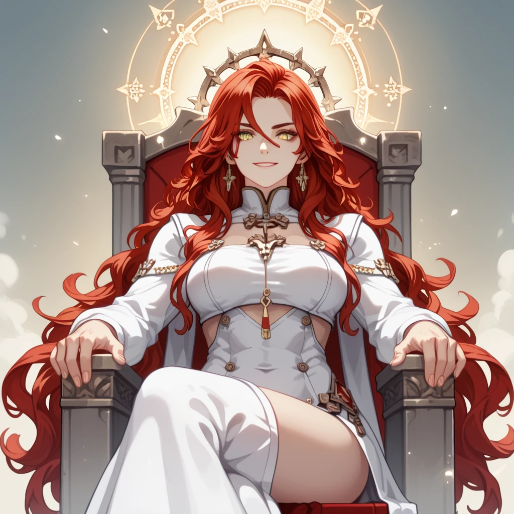 Mavuika, Woman 1, Detail,  long hair,  red hair,  wavy hair , breasts, breasts grandes, muscular, Russian facial features,  Abdominals ,  yellow eyes , perspective, imposing look,  calm look 'simple background ,  a white hooded gown Greek style, thin chin, sitting on a Heavenly throne , smile 