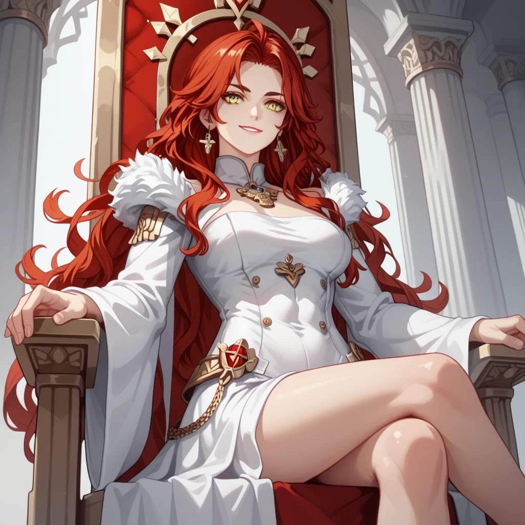 Mavuika, Woman 1, Detail,  long hair,  red hair,  wavy hair , breasts, breasts grandes, muscular, Russian facial features,  Abdominals ,  yellow eyes , perspective, imposing look,  calm look 'simple background ,  a white hooded gown Greek style, thin chin, sitting on a Heavenly throne , smile 