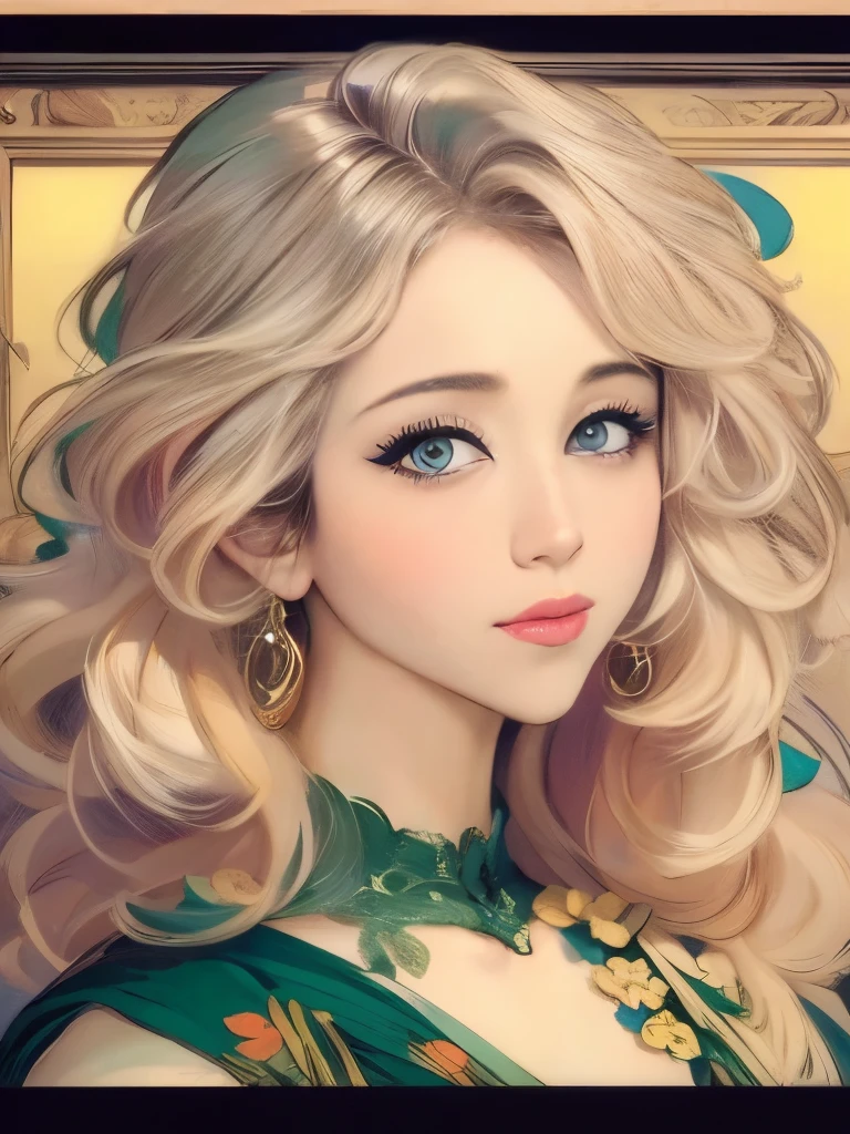 European woman's face portrait, long curly hair, blonde, flower frame, decorative panel, abstract art, by Alphonse Mucha (masterpiece, highest quality, high resolution: 1.4), detailed, intricate details, 4K, color splash, line art, Fibonacci, in underwear