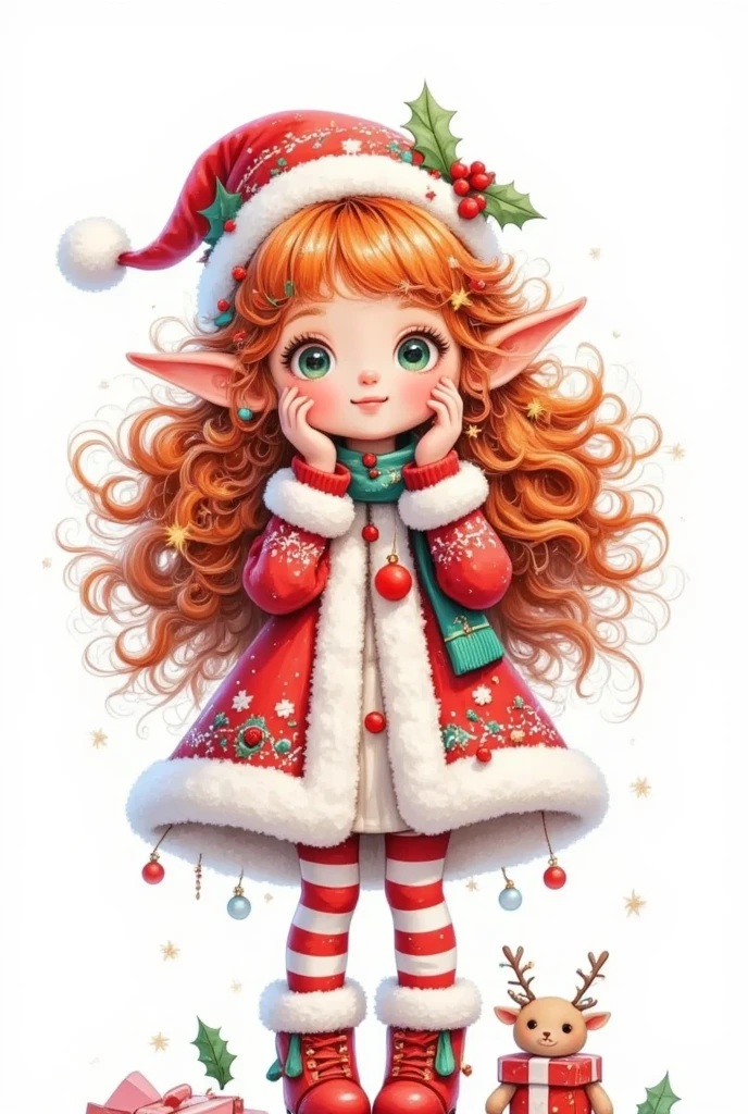 A girl in a Christmas dress is holding a Christmas tree and gifts, little Elf女孩, Elf女孩, teen Elf女孩, by Marie Angel, Elf公主, Elf美人, Elf女孩 wearing an flower suit, 小Elftomboy, 一个小Elf, 可爱的数字艺术,  Lovely Detailed Digital Art , 非常美丽的Elf的肖像, a portrait of 一个小Elf, Elf