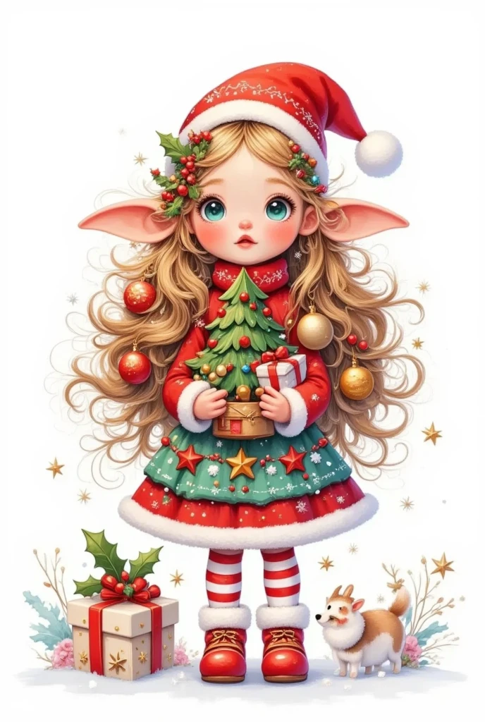 A girl in a Christmas dress is holding a Christmas tree and gifts, Mary Angell (Marie Angel) Pastel painting, Top trending on pixabay, Fantasy Art, little Elf Girl, Elf Girl,  Elf Girl, Elf Princess,  Elf Beauty , Elf Girl wearing an flower suit, Pokemon tomboy , A little elf, 可爱的数字艺术,  Lovely Detailed Digital Art , Very beautiful portrait of an elf 