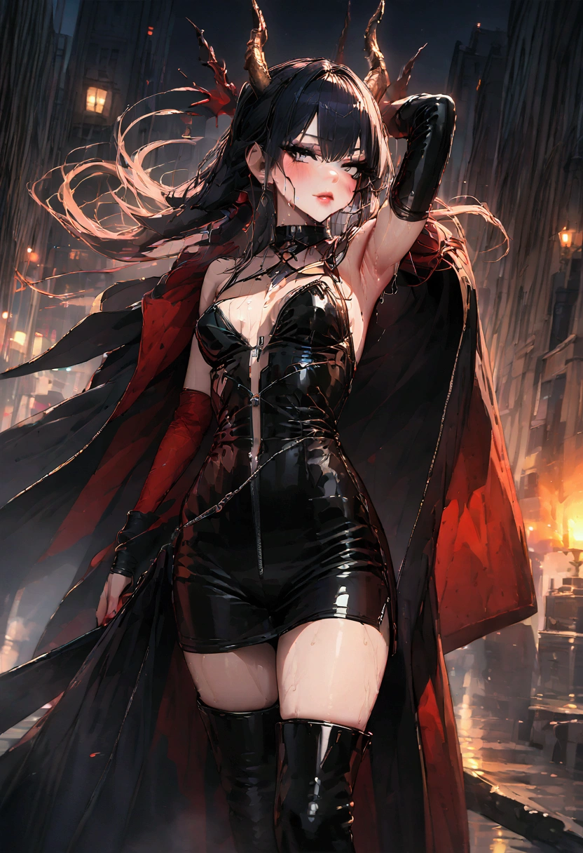 16K, HDR, UHD, RTX, RAW, extremely detailed, ultra realistic, absurdres, best quality, masterpiece, cinametic lighting, outdoor, red theme, storm, lightning, windy, ethereal, atmospheric, dark fantasy, perfect anatomy, 1woman, mature, solo, loose gown sleeveless, black dress, cool, edgy, beautiful, sexy, sexy body, corrupted aura, mystical, powerful aura, fantasy, night, rain, closeup, extremely detailed, perfect face, body, eyes, boobs, cleavage, sleeveless,