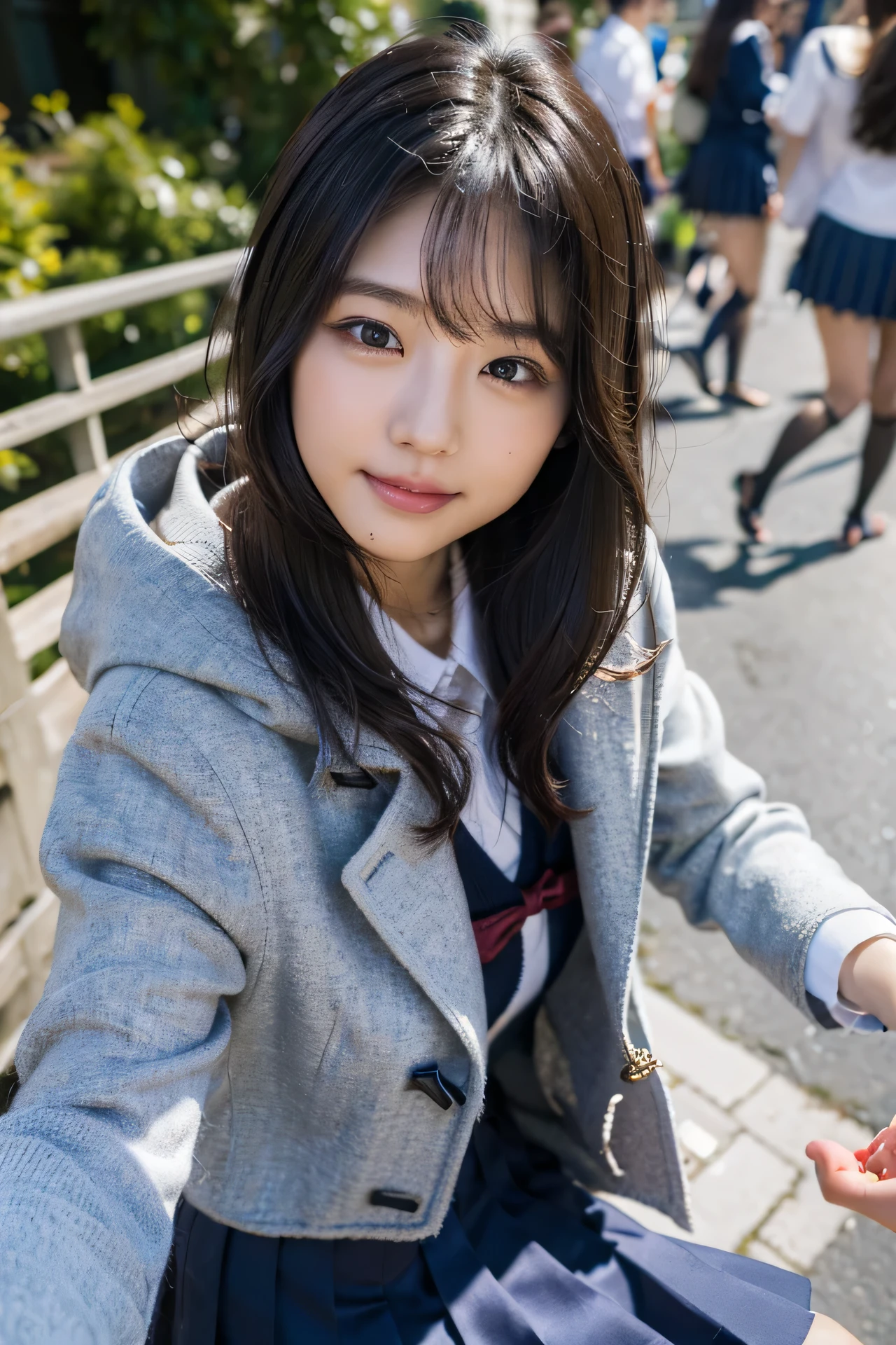 Wearing a down jacket、a beauty girl、15yo student、Wistful expression、Spinning、