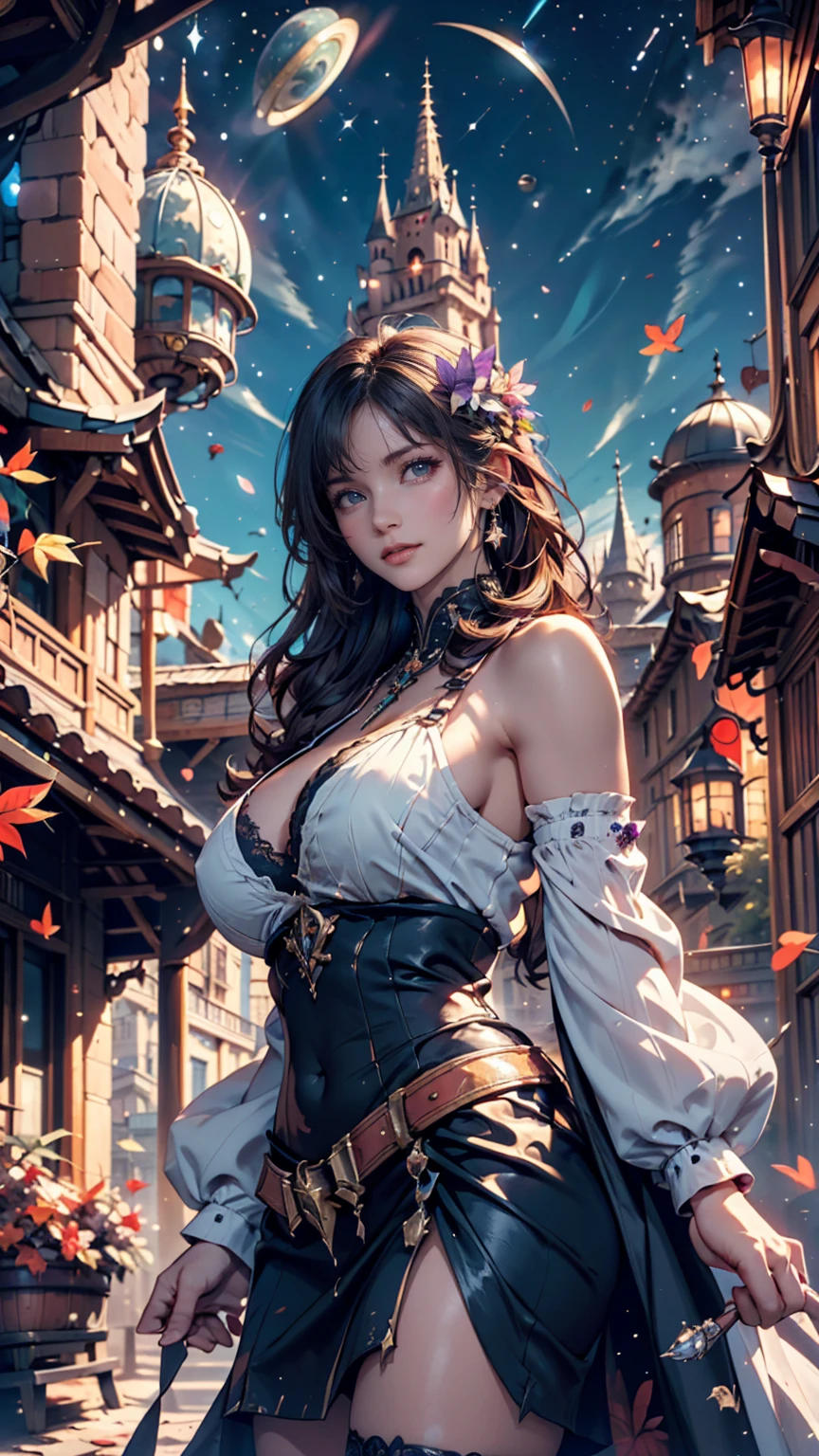 a historic young beautiful character, wearing a crop top with short skirt, looking at viewer, maroon cream black vintage, sunset, soft body, flowing hair, wild flowers, the start of spring, Shadow play, top view, light, mist, moody, glossy brown hair, earthy, vivid, red, purple, blue, cinematic, Film light, Hyper detailed, Hyper realistic, masterpiece, atmospheric, High resolution, Vibrant, High contrast, dark angle, art by Koos Roos, 8k, HDR, 500px