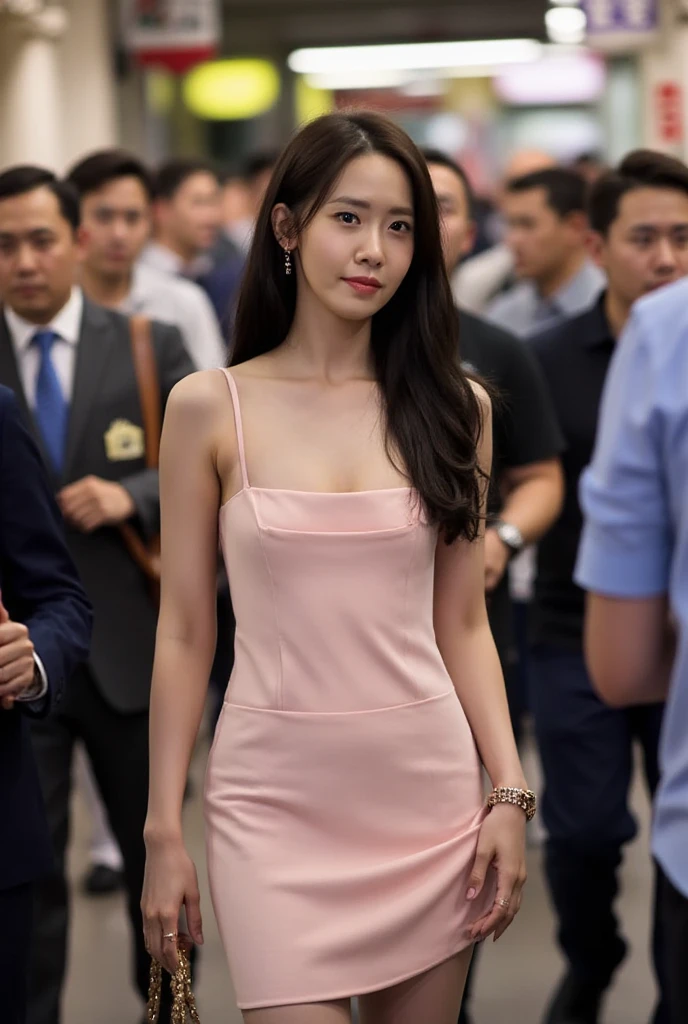 (photorealism:1.2), beautiful woman, walking among crowded people at traditional market, looking at the camera, wearing loose  slip sexy light pink Thai dress, small breasts, nipple slip, full body, long black hair, soft lighting, realistic, intricate details