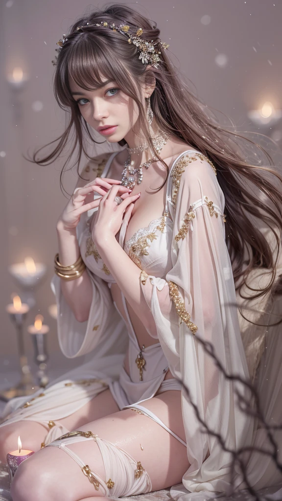 (32k:1.5, Highest quality, masterpiece, Ultra-high resolution), Professional camera work:1.6, Highly detailed skin and face textures:1.3, Captivating portrait:1.2, Very accurate, Very detailed, 1 adult female, ((Amazing night view from the rooftop:1.4, The moonlight at night illuminates my body)), (Satin Nightgown:0.7), Incredibly slim body, Sensual sitting position, sense of loss, Sadness, Expressions of sadness, (Big eyes that exude beautiful eroticism:0.4, Small face, A dreamy look:1.0, I love you with all my heart:0.8, Open your mouth a little, lipstick, Feel the beautiful eroticism:0.9), (Wet dark brown medium length hair), Candles, The chest is medium, Earrings, necklace, bracelet, (romantic, mysterious), Fair skin, elegant, Object of admiration, original, dramatic, Artistic, Innovative, Charm, Heartful, Fancy, sense of openness, sense of cleanliness, Special, exciting, Extreme, Tilt, ((Adult charm, Feminine charm, Hair blowing in the wind)