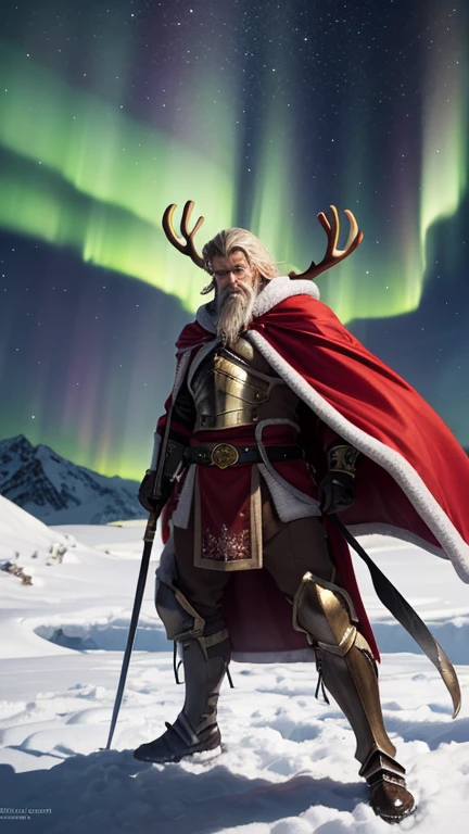 A vertical fantasy artwork featuring three unique warriors standing heroically in the snow, their intricate armor and weapons emphasized against the dark, starry sky illuminated by the aurora borealis. Each warrior's design exudes holiday-themed details while showcasing their individual characteristics:

1. Santa Warrior: A valiant figure clad in red armor with elegant white patterns, inspired by Santa Claus. Their golden sword gleams brightly, reflecting the festive glow. Their stance is commanding, exuding leadership and determination. The red cape flows behind them, adding motion and grandeur.


2. Elf Mage: A slender, mystical sorcerer wearing green armor adorned with red and white trims, inspired by Santa's elves. They wield a candy cane-shaped staff radiating magical light, with sparkling snowflakes swirling around them. Their expression is calm yet powerful, their pose dynamic as they channel magic.


3. Reindeer Barbarian: A towering and muscular warrior in rugged brown armor with antler-like decorations, inspired by a reindeer. They hold an enormous, battle-worn axe resting on one shoulder. Snow clings to their heavy armor, and their posture exudes raw strength and resilience.



The background is kept minimal yet atmospheric, with softly falling snowflakes and the shimmering aurora casting a magical glow. Each character is lit dramatically, highlighting their armor and weapons while maintaining a cohesive holiday-fantasy theme.