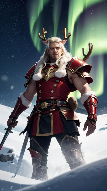 A vertical fantasy artwork featuring three unique warriors standing heroically in the snow, their intricate armor and weapons emphasized against the dark, starry sky illuminated by the aurora borealis. Each warrior's design exudes holiday-themed details while showcasing their individual characteristics:

1. Santa Warrior: A valiant figure clad in red armor with elegant white patterns, inspired by Santa Claus. Their golden sword gleams brightly, reflecting the festive glow. Their stance is commanding, exuding leadership and determination. The red cape flows behind them, adding motion and grandeur.


2. Elf Mage: A slender, mystical sorcerer wearing green armor adorned with red and white trims, inspired by Santa's elves. They wield a candy cane-shaped staff radiating magical light, with sparkling snowflakes swirling around them. Their expression is calm yet powerful, their pose dynamic as they channel magic.


3. Reindeer Barbarian: A towering and muscular warrior in rugged brown armor with antler-like decorations, inspired by a reindeer. They hold an enormous, battle-worn axe resting on one shoulder. Snow clings to their heavy armor, and their posture exudes raw strength and resilience.



The background is kept minimal yet atmospheric, with softly falling snowflakes and the shimmering aurora casting a magical glow. Each character is lit dramatically, highlighting their armor and weapons while maintaining a cohesive holiday-fantasy theme.