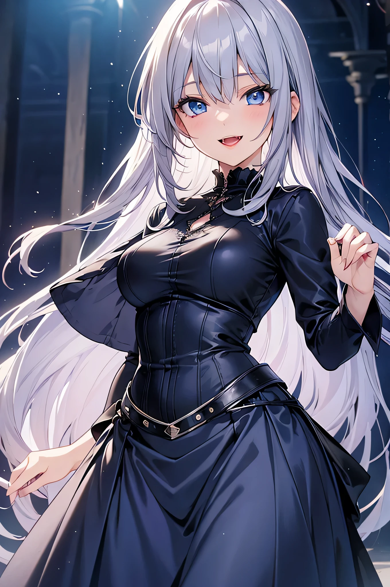 (Highest quality, High resolution, Very detailed), Beautiful and elegant light blue eyes, Silver Hair, Cold Smile, Long Hair, Blue Party Dresses, Formal Wear, lace thong, 27 years old, Cruel smile, Calm, secretary, Pale complexion, Calm,  venue, Blue long sleeve dress, 
