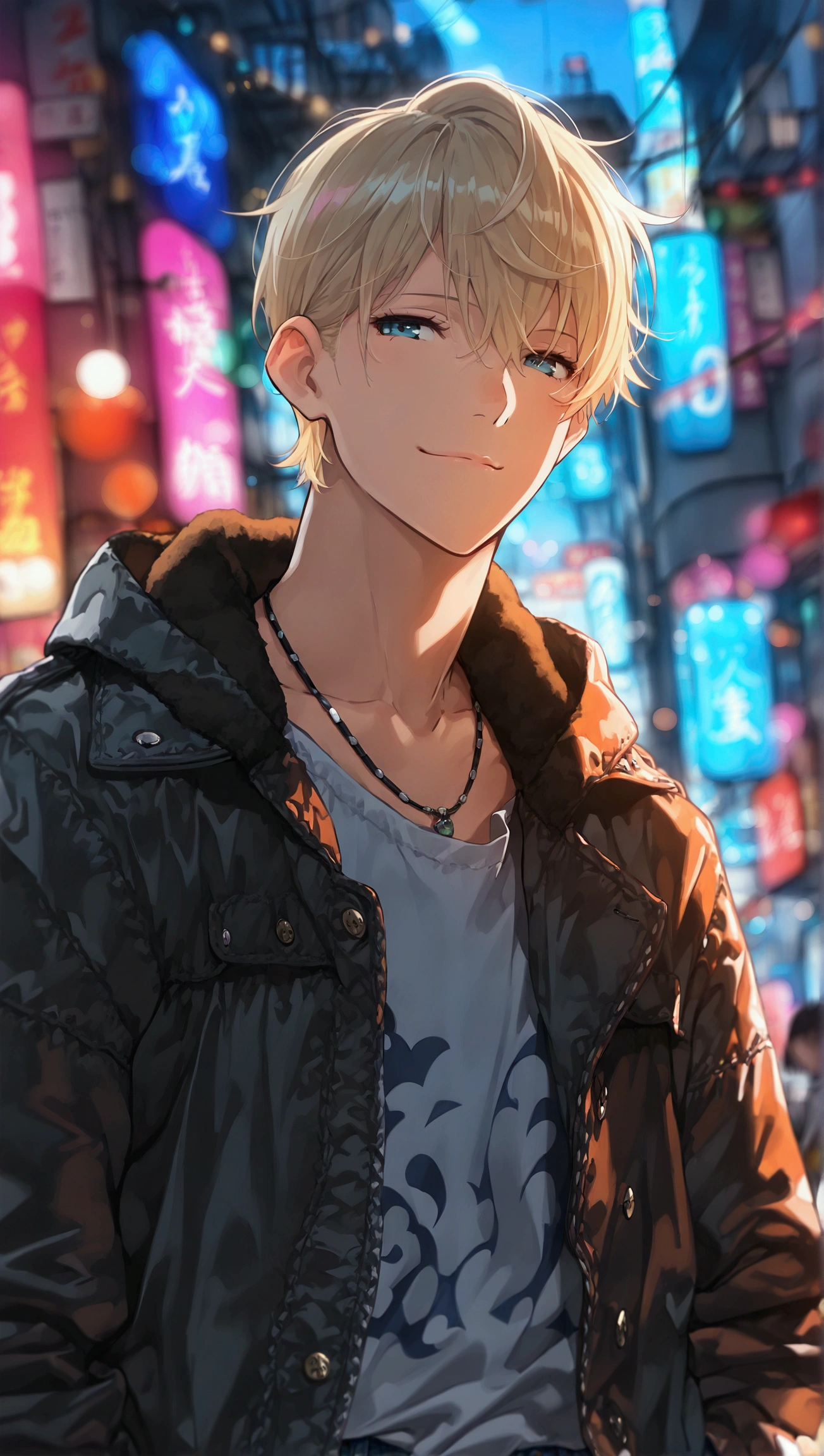 ( top quality,4K,8k, high definition ,  Masterpiece :1.2),Middle Age,Blonde,One personの男性,One person, oversized jacket,whole body, sneakers, anime style,Men&#39;s,An innocent smile shows some shadows,Jeans Trousers