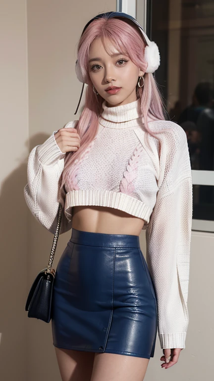 {((a young woman with long pink hair wearing myopia glasses. She is wearing a light blue sweater, a green skirt and black stockings. He's clutching a pair of blue headphones, with a thoughtful and slightly worried expression. The young woman stands with her body slightly leaning forward, looking down, with the left hand holding the headphones and the right hand slightly pointing towards them. His pose denotes a state of reflection and perhaps a slight uncertainty..))}