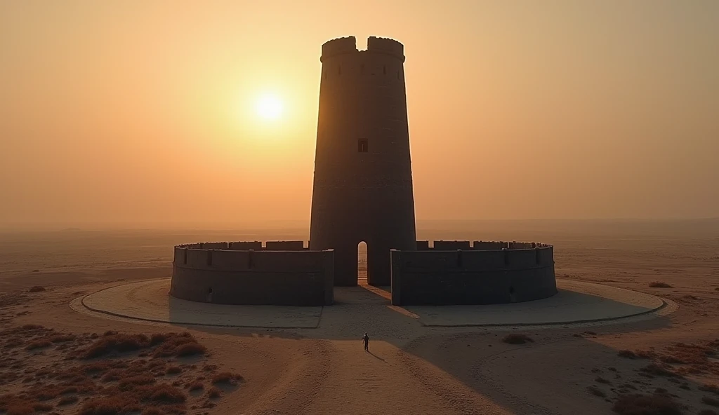 a dark tower standing alone in a flat wasteland, visible from a great distance, narrow and very high, the blackness of the stone contrasts with the bright sun, fantasy,