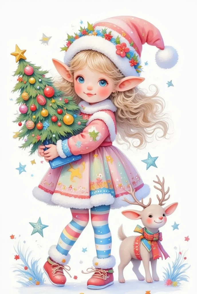 A girl in a Christmas dress is holding a Christmas tree and gifts, Mary Angell (Marie Angel) Pastel painting, Top trending on pixabay, Fantasy Art, little Elf Girl, Elf Girl, teen Elf Girl, Elf Princess,  Elf Beauty , Elf Girl wearing an flower suit, Pokemon tomboy , A little elf, 可爱的数字艺术,  Lovely Detailed Digital Art , Very beautiful portrait of an elf 