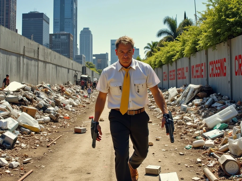 cinematic drone shot of rico as a futuristic assassin in black slacks and a white button up shirt and yellow tie, all filthy and oil stained and torn from his adventures, crossing a vast garbage field. Rico is small in the frame, which is wide enough to show vastness of the garbage field. This garbage field is the dumping ground for mountains of broken down robots, heaped in piles stretching as far as the eye can see. It is a bright sunny day. Rico is trudging towards the skyscrapers of civilization, barely visible in the distance. The garbage field is up against a one hundred foot tall concrete border wall, with the words "NO CROSSING" printed on it over and over in big red letters. On the other side of the border wall, the tops of trees are visible, as if that side of the border is verdant and this side is a wasteland of garbage. The year is 2026