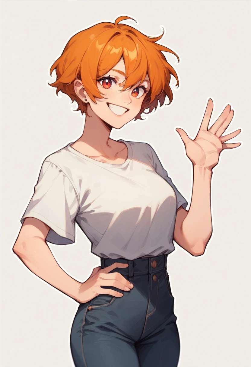 Drawer, short hair, and Orange hair, dark colorful eyes, standing happily with his hand hip and hand waving, plain white tee shirt, black jeans, big smile, plain white background, woman adult woman, white outline