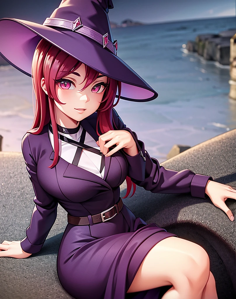  Beautiful Girl,  red hair, Ojos rojos, purple witch clothes, purple witch hat, sitting pose