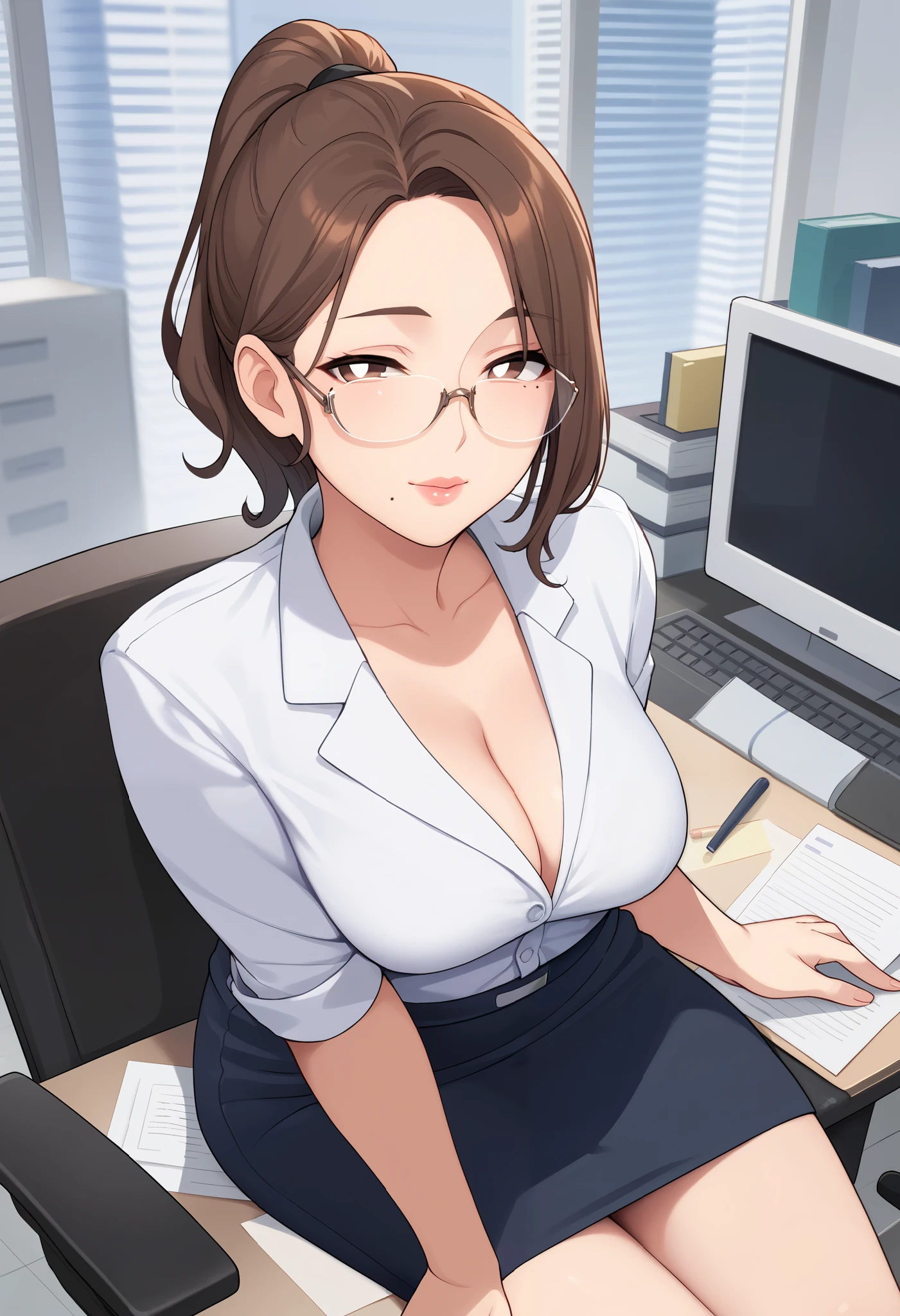 three quarter view, solo, mature female, brown hair, medium hair, high ponytail, parted bangs, bangs, brown eyes, white pupils, lips, half-closed eyes, mole under mouth, glasses, medium breasts, office lady, [cleavage], score_9, looking at viewer, indoors, office, sitting