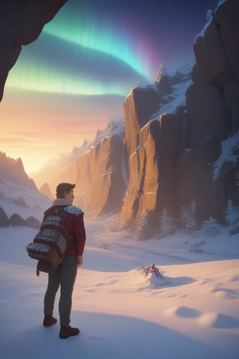 Create a beautiful view of a man standing in a cave with snow on the ground, looking to the outside of the cave and there's a beautiful aurora in pink, yellow, green, white colors with stars on the sky, Masterpiece, High Resolution, High Details, High Quality, UHD, Super Detailed, Award Winning,