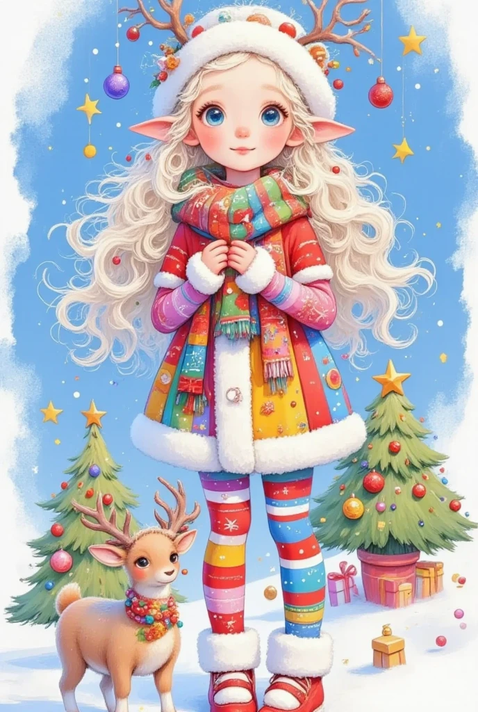 Picture of a girl holding a Christmas tree and a deer, little Elf Girl, Elf Girl, cute多彩迷人,  Elf Girl, cute, cute又cute, A little elf, Elf Princess,  cute的细节艺术品 , cute的数字艺术, Traditional Art, by Marie Angel, 8K)), 异想天开又cute, Pokemon tomboy ,  Elf Beauty 