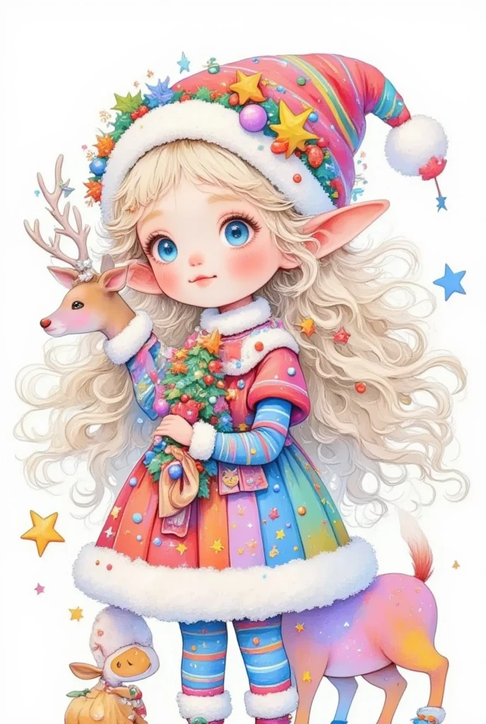 Picture of a girl holding a Christmas tree and a deer, Mary Angell (Marie Angel) Pastel painting, tumblr, Fantasy Art, little Elf Girl, Elf Girl, cute多彩迷人, teen Elf Girl, cute, cute又cute, A little elf, Elf Princess,  cute的细节艺术品 , cute的数字艺术, Traditional Art, 8K)), 异想天开又cute