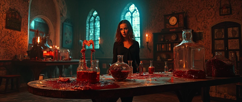 Gothic castle, Italian gothic woman, atmosphere of dread and evil, dungeon laboratory, tests tubes, beakers, spurting blood, very bloody, violent, gory, body parts, nightmare, stone floors, tapestries, candles, intricate, European horror movie aesthetic, fumetto style, HD, 8x, lurid vivid colors, dark tones