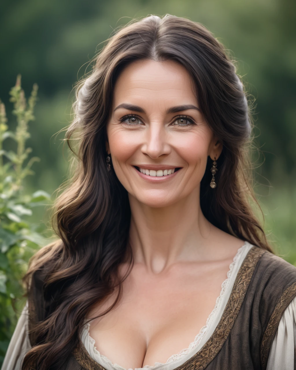 a portrait photograph of a pretty mid- female, beautiful realistic photo, Look at 4K highly detailed art,  smiles,  blush,  Big Breasts , look up, medieval European rural woman with dark hair,  medium hair,  very long hair, Mourning clothes