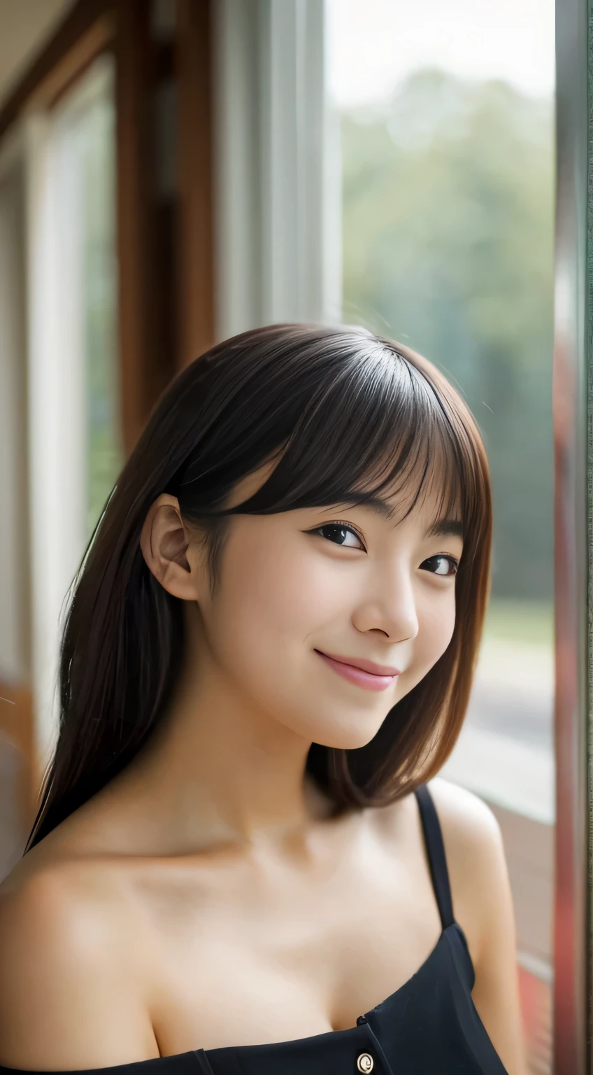 masterpiece,best quality,(Japanese ),((Beautiful girl)),cleavage,(perfect body beauty:1.2),(shy smile),beautiful teeth,(Blurred background of brick buildings),from above,