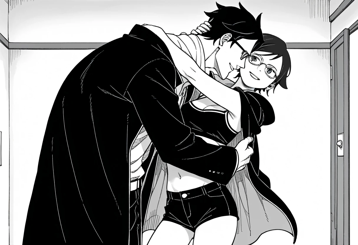 Nsfw, smile, (masterpiece, best quality), 2others, couple, 1boy with 1girl, Height difference, black and white, monochrome, manga_source, best background, detailed background, {{((sarada uchiha)), boruto_two_blue_vortex, post timeskip, Uchiha_sarada, alone, black hair, short hair, glasses, beautiful body, medium breasts, Sexy legs, mikio ikemoto style, black crop_top, navel, open coat, black tiny shorts}}, empty bubble spech, hokage's office.. 1boy, adult_male black hair, short hair, Slicked-back hair, size_difference, from behind, hug, couple, husband, 大男子气概的男人Stand next to the girl、