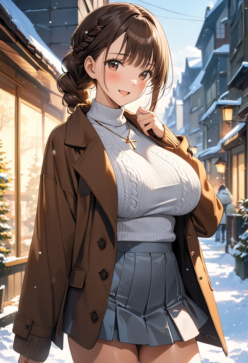 masterpiece, Best Quality, High resolution,16k,official art,super detailed skin,detailed,animated painting, Takarada Rikka ,1990s \(style\),(F cup big beautiful breasts)、clevage,25years old, (tall:1.2),height: 175cm,Sexy long legs,Fashion model body type,Medium Hair,forehead,Brown Hair,french braid,(simple coat,long-sleave knit,mini-skirt:1.3),white mini skirt,cross necklace,(tanned skin:1.3),Muscular、1girl,big laugh,Shy、Shyness,blush,Anime-style painting style,Close-up of the upper body,Cinematic lighting,superfine,magnificent view、in the city,morning,winter,snow,(sexy),extreme closeup